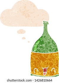 botella de vino de dibujos animados con burbuja de pensamiento en un estilo retro angustiado con textura grunge