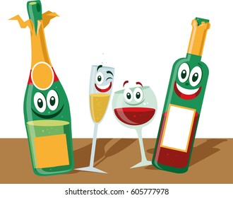 Cartoon Wine Bottles and glasses