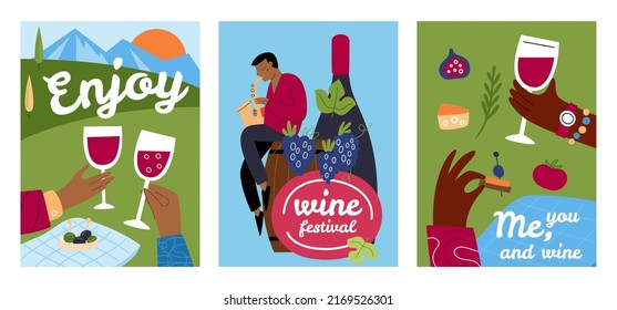 Cartoon wine cards. Picnic on nature. Beautiful views. Desserts and grape drinks. Man plays saxophone. Hands holding glasses. Alcohol festival. Winemaking posters. Garish