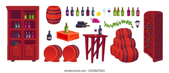 Bodega de vino de dibujos animados. Elementos interiores del sótano de la bodega, estantería de madera con botellas de champán, barriles de alcohol de vid barril de bebida de madera para viñedo de la granja ilustración vectorial de la bodega del sótano