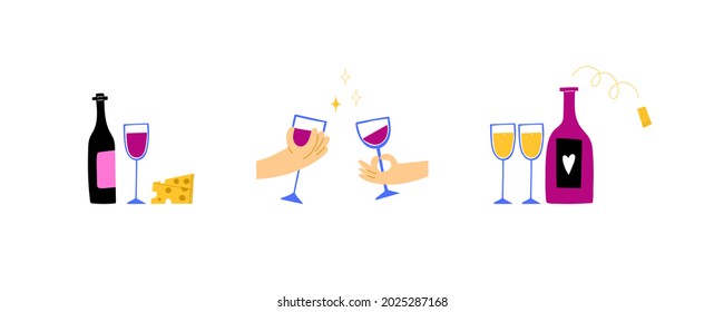 Cartoon wine and champagne. Hand drawn bottle and glass, hands hold wineglass, cheese and grape, alcoholic drink collection, modern bright colors illustration, cards or posters, vector isolated set