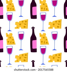 Cartoon wine and cheese seamless pattern. Hand drawn bottle and glass, red liquid in wineglass, cheese and grape alcoholic drink. Decor textile, wrapping paper wallpaper, vector print or fabric