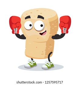 cartoon wine cork mascot in red boxing gloves on white background