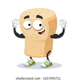 cartoon wine cork mascot shows its strength on a white background