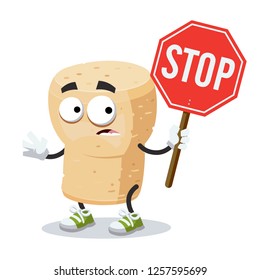 cartoon wine cork mascot with tablet stop in hand on white background