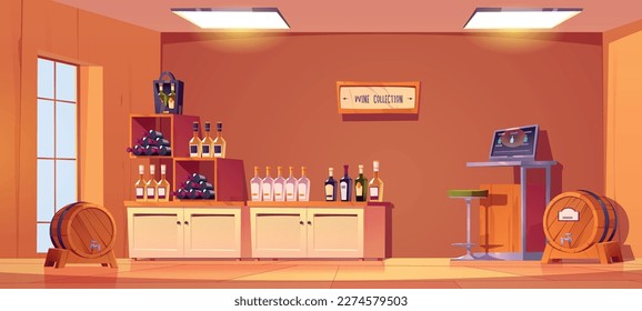 Diseño interior de la tienda de vinos de dibujos animados. Ilustración vectorial del departamento de centros comerciales con botellas de alcohol en estanterías, barriles de madera vintage con grifos, taburete, caja registradora con pantalla de computadora en la mesa