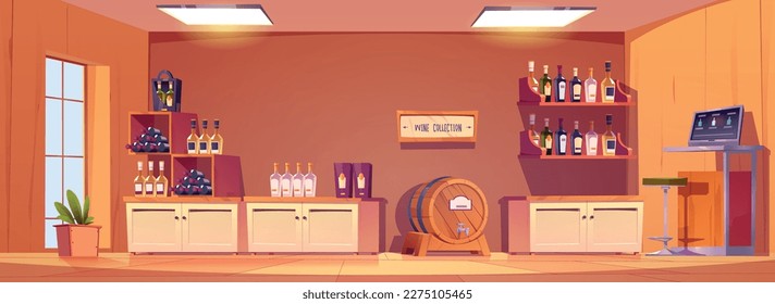 Cartoon wine shop interior design. Vector illustration of shopping mall department with alcohol bottles on shelves, vintage wooden barrels with taps, stool, cash register with computer screen on table