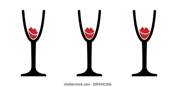 Cartoon wineglass with woman love lips or red wine glass with kiss lip. For chill and relax party,  Vector toasting licon or pictogram. Cheers logo