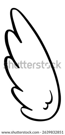 Cartoon wing flapping gently in the wind, simple black and white line art illustration isolated on white background representing freedom, flight and spirituality
