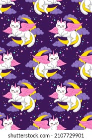 Cartoon winged cat with moon and clouds. Vector seamless pattern