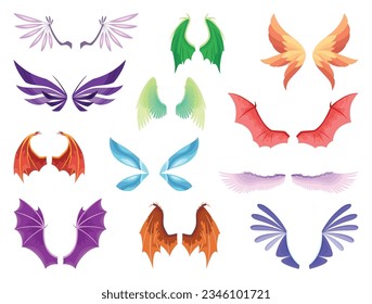 Las alas de dibujos animados de criaturas de hadas, personajes de fantasía y animales. Juego de diferentes pares de alas dragón, monstruo, mariposa, pájaro con diseños de plumas coloridas. Ilustración vectorial de dibujos animados