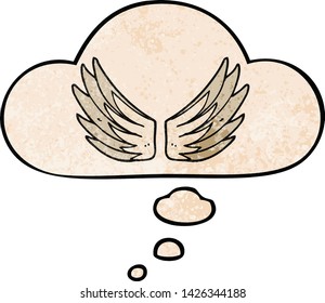 símbolo de las alas de dibujos animados con burbuja de pensamiento en estilo de textura gruesa