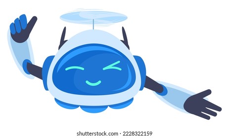 Cartoon winking aerial drone, robot quadcopter mascot. Cute modern flying drone with propellers, innovation technology drone isolated flat vector illustration on white background