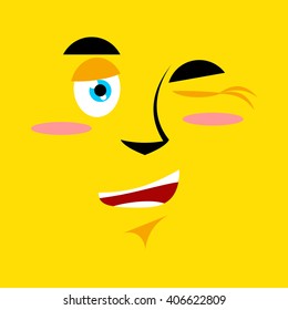 Cartoon winking face on yellow background. It suggests emotion. Personality makes warning. Character warns