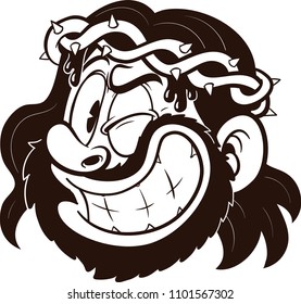 Cartoon winking Jesus with a thorn crown. Vector clip art illustration. All in a single layer.
