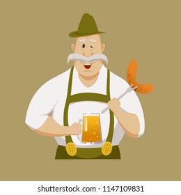 Cartoon winking man in national dress with a glass of beer and a sausage. Oktoberfest. Logo for beer.	