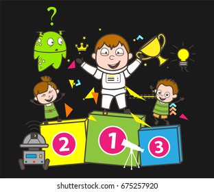 Cartoon Winner Astronaut with Happy Kids Enjoying Vector Illustration