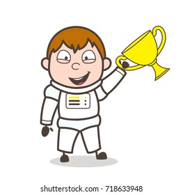 Cartoon Winner Astronaut with Trophy Vector Illustration