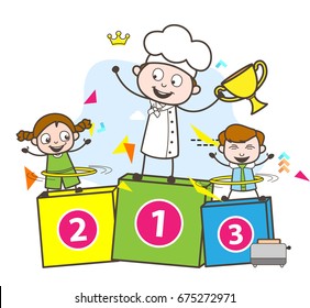 Cartoon Winner Chef with Happy Kids Vector Illustration