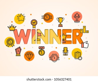 Cartoon Winner Concept Card Poster Paper Art Design with Outline Icons Include of Award, Medal, Prize and Reward. Vector illustration