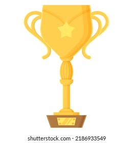 Cartoon winner cup object. Golden trophy with crown. Prize, success, competition, achievement, congratulations concept. Stock vector element isolated on white background in flat style