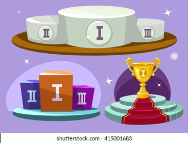 Cartoon Winners Podium. Vector Set. Isolated