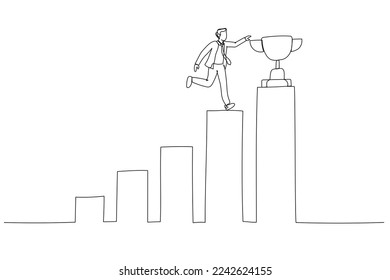 Cartoon of winning businessman step up growing bar graph to win the trophy success concept. Single line art style