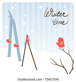 Cartoon winter background with skis