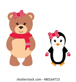 cartoon winter bear and penguin