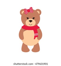 cartoon winter bear with a scarf and bow on a white background
