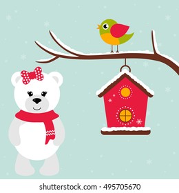 cartoon winter bird and birdhouse on a branch and bear