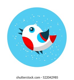 Cartoon winter bird vector isolated on blue background.  Christmas character. Christmas illustration. Design element for greeting cards or flyers. 