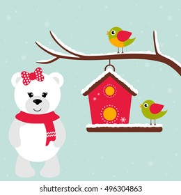 cartoon winter birds and birdhouse on a branch and bear