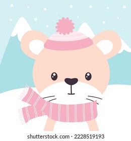 cartoon winter card of mouse on mountains and snow background, cute animal in knitted hat and scarf is symbol new year, flat style