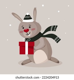 cartoon winter christmas character hare with a gift in a warm hat and scarf