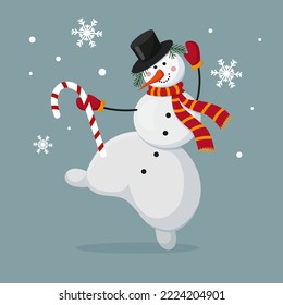 cartoon winter christmas character snowman in a scarf and mittens dancing with a lollipop in his hand