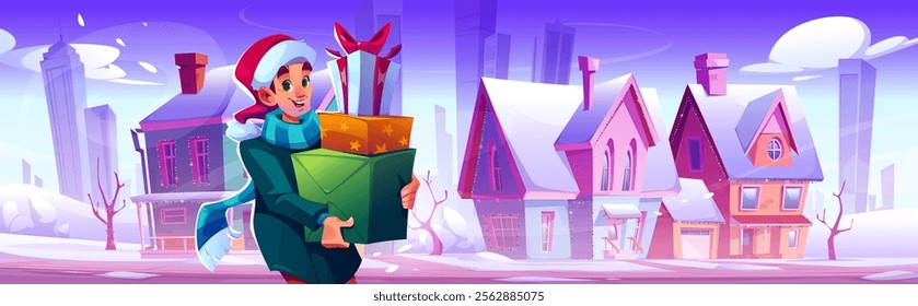 Cartoon winter Christmas cityscape with man carrying holiday present boxes against suburban houses and city skyscraper silhouettes. Snow covered neighborhood panoramic scene with festive garlands.