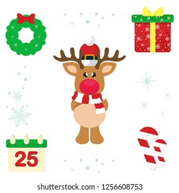 cartoon winter christmas deer with christmas elements