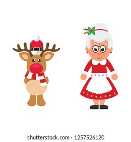 cartoon winter christmas deer and cartoon mrs santa
