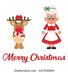 cartoon winter christmas deer and cartoon mrs santa and christmas text