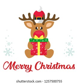 cartoon winter christmas deer sitting with christmas present and christmas text