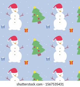 Cartoon winter christmas pattern  with cute snowman on blue background vector illustration. Fun flat design. New year greeting card. 