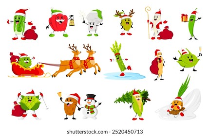 Cartoon winter Christmas vegetable characters. Vector Chinese or Romanesco cabbage, paprika, champignon and olive. Daikon, green pea, artichoke and asparagus. Soy bean pod, kohlrabi, potato and corn