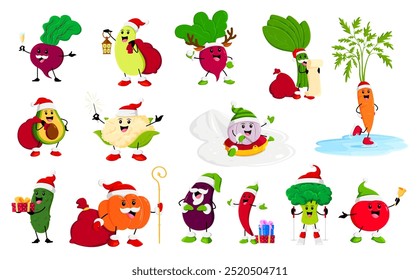 Cartoon winter Christmas vegetable characters. Vector beetroot, squash, radish and spinach. Carrot, avocado, cauliflower or garlic with cucumber, pumpkin, eggplant, broccoli, tomato and chili pepper