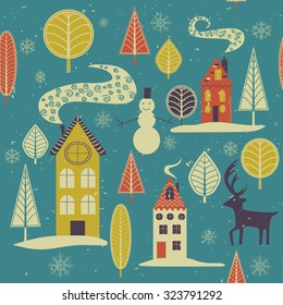 Cartoon winter city map with different colorful houses. Seamless vector illustration. 
