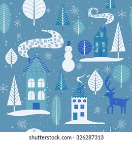 Cartoon winter city map with different colorful houses. Seamless vector illustration. 