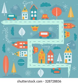 Cartoon winter city map with different colorful houses. Seamless vector illustration. 