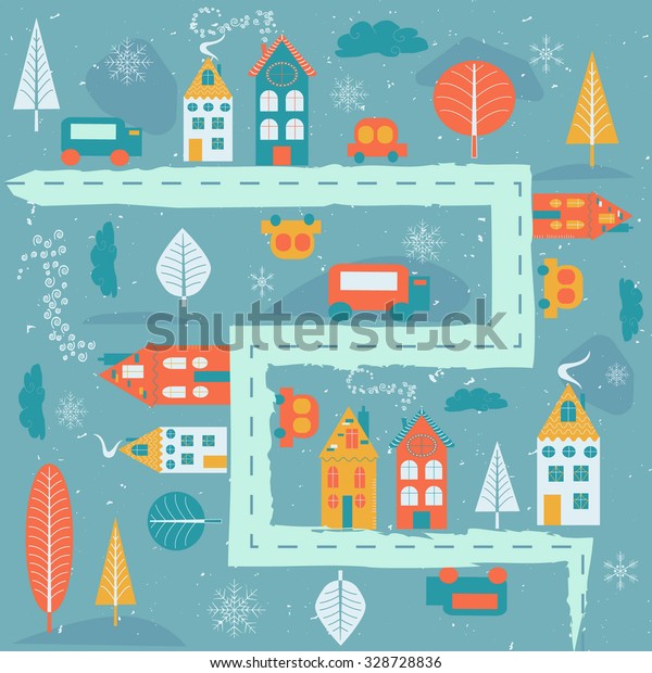 Cartoon winter city map with different\
colorful houses. Seamless vector illustration.\
