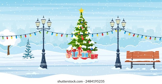 Cartoon winter city park with Christmas trees, bench, lantern. merry Christmas and New year celebrated with cityscape background landscape for banner, poster, web. Vector illustration in flat style