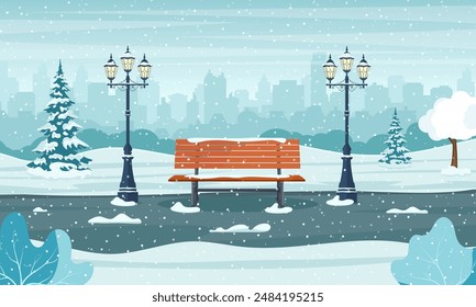 cartoon Winter city park with wooden bench, lanterns and town buildings skyline. Urban empty public garden landscape, snow fall under dull sky. Vector illustration in flat style